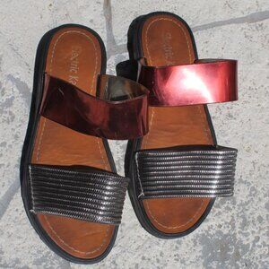 Electric Karma Red & Silver Sandals Woman Size 8 Glitter Shiny Slip On Metallic